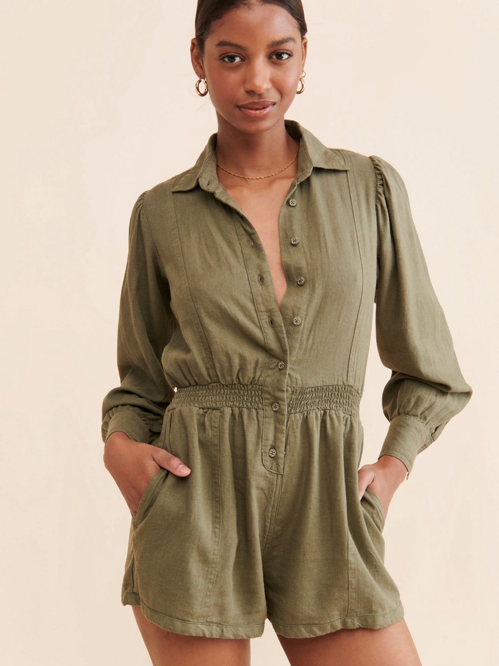 Anthropologie Olive Green Long-Sleeve Collared Romper M